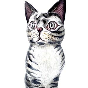 Hand Carved and Painted Gray Cat  With Whiskers He Looks Real!!!